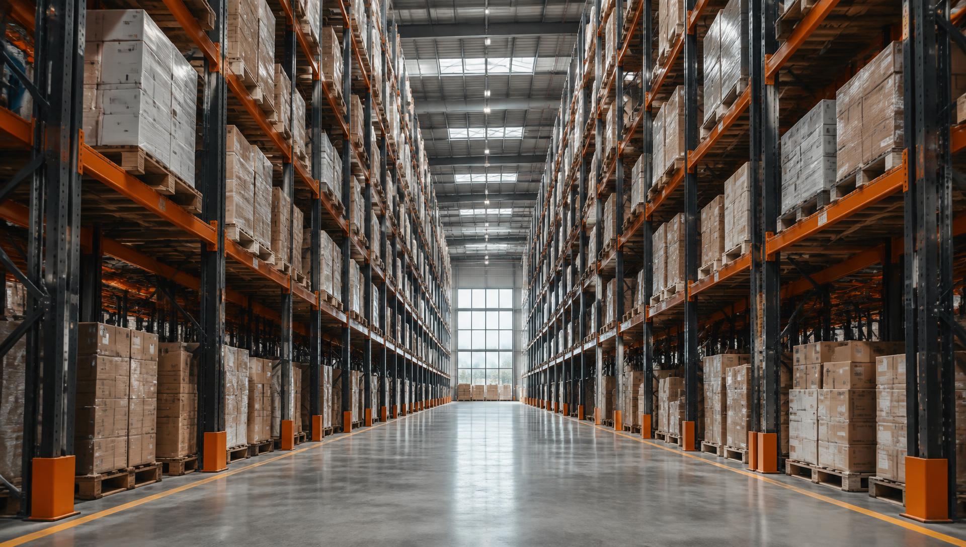Modern warehouse with rows of industrial pallet racking