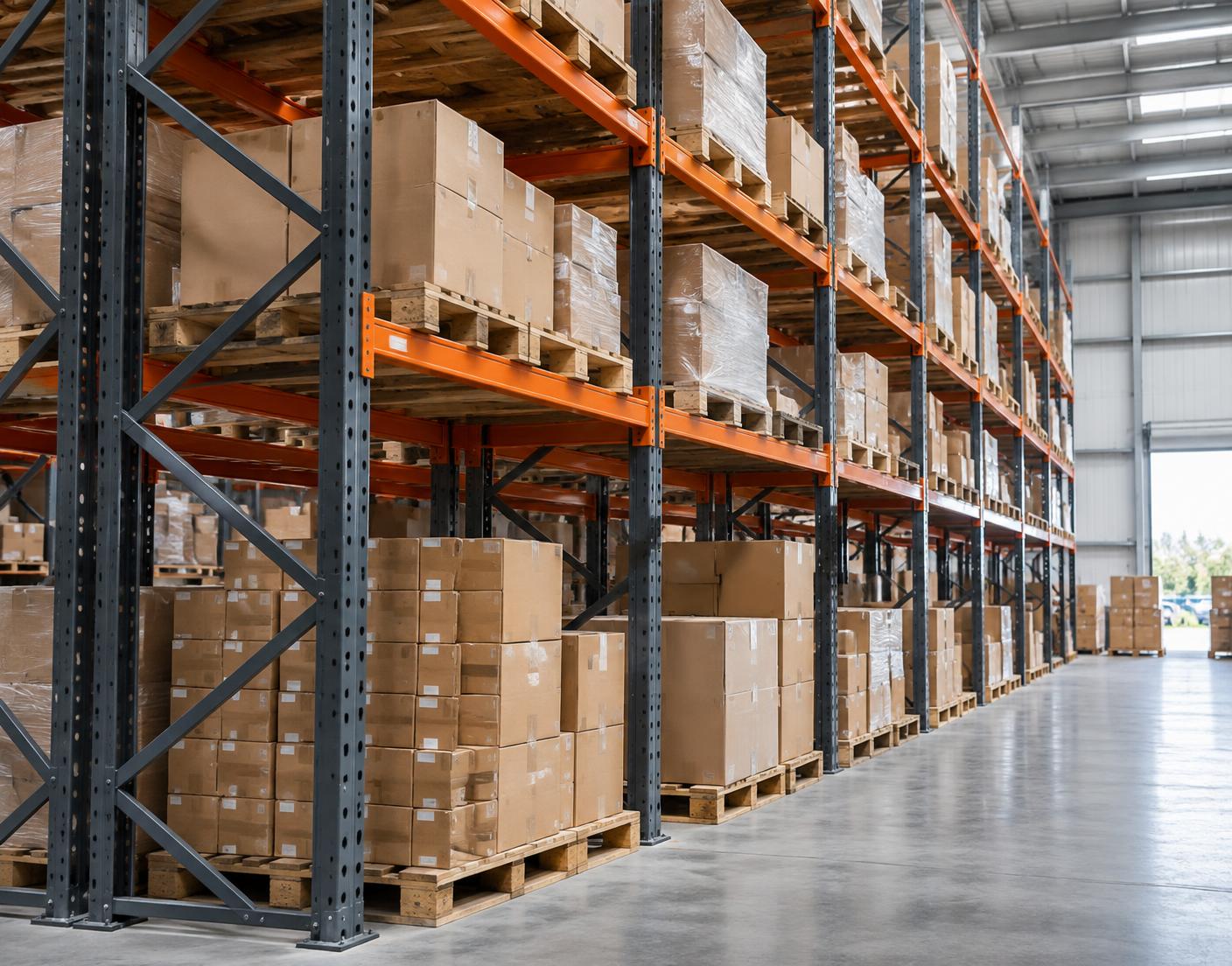 Organized heavy-duty industrial warehouse racking